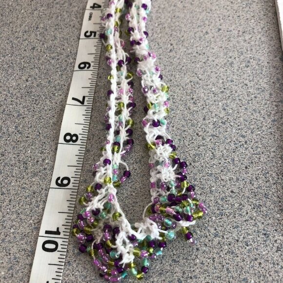 Crochet Yarn Colorful Beaded Bib Necklace White Purple Unique Statement - Picture 6 of 7